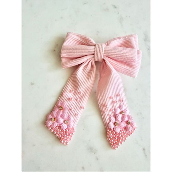 Light pink Pearl Floral Ribbon Hair Bow Clip | Romantic Bridal Coquette - Picture 2 of 5